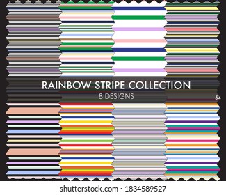 Rainbow striped seamless pattern collection includes 8 design swatches for fashion textiles, graphics