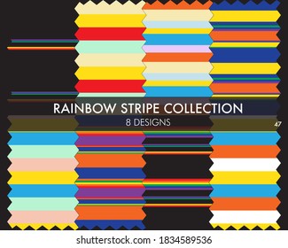 Rainbow striped seamless pattern collection includes 8 design swatches for fashion textiles, graphics