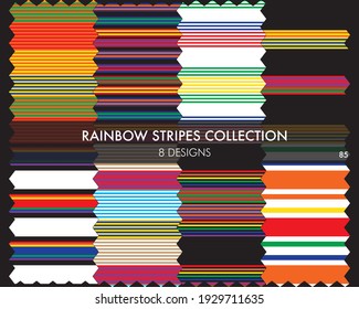 Rainbow striped seamless pattern collection includes 8 design swatches for fashion textiles, graphics