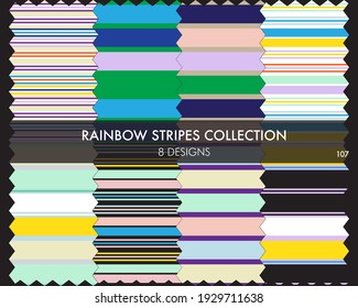 Rainbow striped seamless pattern collection includes 8 design swatches for fashion textiles, graphics
