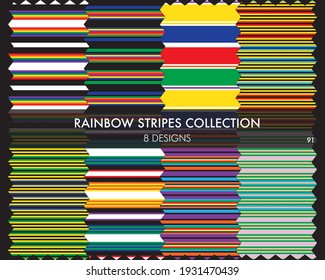 Rainbow striped seamless pattern collection includes 8 design swatches for fashion textiles, graphics