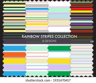 Rainbow striped seamless pattern collection includes 8 design swatches for fashion textiles, graphics