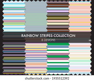 La colección de patrones a rayas del arcoiris sin costura incluye 8 swatats de diseño para textiles de moda, gráficos