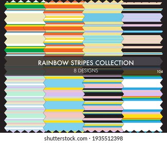 La colección de patrones a rayas del arcoiris sin costura incluye 8 swatats de diseño para textiles de moda, gráficos