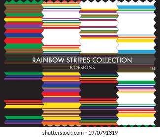 Rainbow striped seamless pattern collection includes 8 design swatches for fashion textiles, graphics