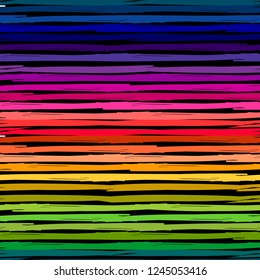 El arcoiris se ajustó a un patrón sin fisuras. Fondo de repetición de arco iris grueso. Rayas de colores brillantes dibujadas a mano. Ilustración vectorial para textiles, prendas de vestir, papel pintado, rayado