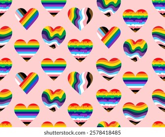 Rainbow striped various hearts icons seamless pattern. LGBT community concept. Template gay Pride Month celebration. Seamless Pastel Rainbow Colored Hearts Rainbow flags. Vector LGBT seamless pattern.