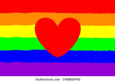 rainbow stripes background with red heart shape design for symbol of LGBTQ community equality movement, concept for LGBTQ happy pride month