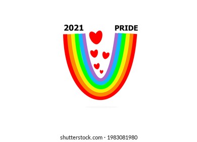 rainbow stripes curve design with red heart shape and texts "2021 PRIDE" concept for symbol of LGBTQ community equity movement