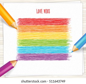 Rainbow stripes drawn with highly detailed pencils. Sketch pencil drawing. Vector doodles. LGBT flag, symbol of peace, gay culture. 