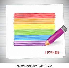 Rainbow stripes drawn with highly detailed pencils. Sketch pencil drawing. Vector doodles. LGBT flag, symbol of peace, gay culture. 