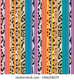  Rainbow stripes and jaguar fur  seamless pattern. Abstract animal skin repeat background. Bikini fabric digital pattern. Jungle geometry texture.