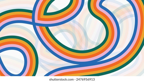 Rainbow Stripes on Beige Background, Abstract Hand Drawn Design, Groovy Banner Template