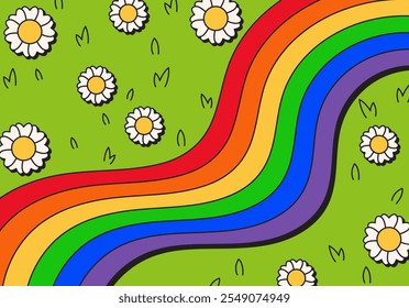 Rayas del arco iris sobre un campo verde con margaritas y fondo de hierba exuberante en la Ilustración vectorial dibujada a mano retro de la historieta