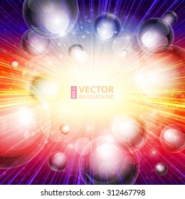 Rainbow stripes and transparent glass spheres explosion burst background. Blue, red and purple space poster with planets and stars. RGB EPS 10 vector illustration