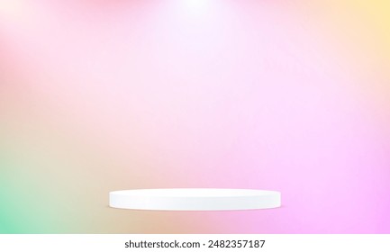 Fondo del estudio del arco iris. Habitación de estudio abstracto 3D con podio de pedestal. Espacio para vender productos en el Sitio web. Habitación vacía con efecto de luz. Telón de fondo de negocios. Ilustración vectorial.