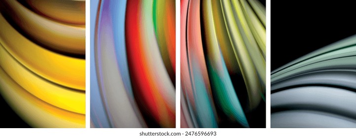 Regenbogen-Stil Fluid Color Wave Line Hintergrund Poster Set. Vektorillustration für Bildschirmhintergrund, Banner, Hintergrund, Karte, Buchabbildung, Zielseite