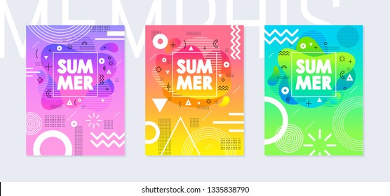 Rainbow summer poster set in geometric style. Disco light fluid art. Memphis prism & amoeba trendy elements on color background. Cool for t-shirt print, music cover, disco banner, party invitation