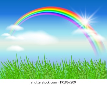 Rainbow, sun and blue sky