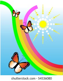 Rainbow, the sun, butterfly. Vector illustration.
