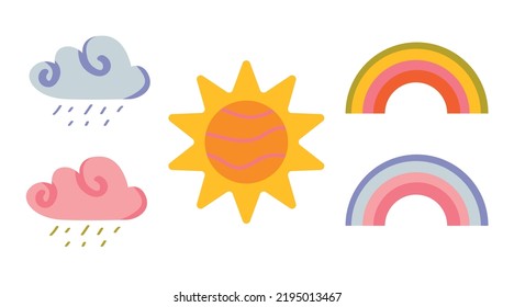 Rainbow, sun and cloud, icon set. Cute cartoon funny baby character. Flat design. Pastel color. Isolated. White background. Vector.
