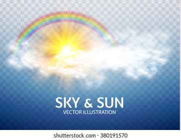 Rainbow, Sun & Cloud. Weather & Forecast Transparent Design. Vector illustration