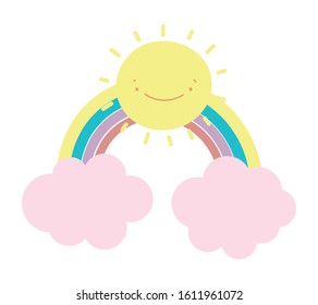 rainbow sun clouds cartoon fantasy decoration vector illustration