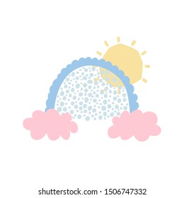 Rainbow with sun, clouds in cartoon style isolated on white background for kids. Cute illustration in hand drawn style for posters, prints, cards, fabric, children's books, interior design. Vector