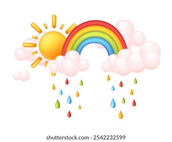 Rainbow, sun, and clouds with colorful raindrops, depicting a vibrant and happy weather scene. Perfect for kids decor, educational materials, or cheerful illustrations. Vector illustration.
