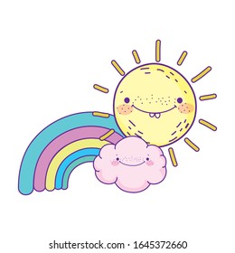 Regenbogensonnenwolken kawaii Cartoon-Zeichenverzierung auf weißem Hintergrund Vektorillustration Illustration