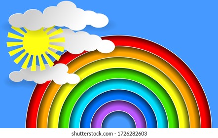 Rainbow, sun and clouds. Layered Paper art style. EPS10