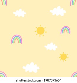 Rainbow, sun, clouds on yellow background, sky seamless pattern, vector illustration.