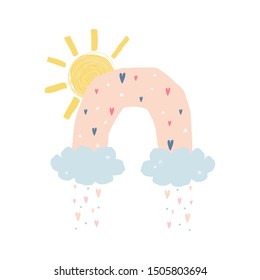 Rainbow with sun, clouds, rain in cartoon style isolated on white background for kids. Cute illustration in hand drawn style for posters, prints, cards, fabric, children's books. Vector