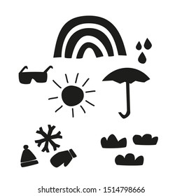 Rainbow, sun, clouds, rain, umbrella, sunglasses, mittens, hat, minimalist scandinavian clipart vector image set. Weather tracker icon collection silhouette to make cards, wall art, stickers, decals,