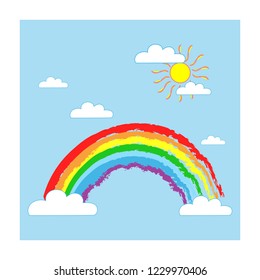 Rainbow sun clouds sign. Illustration colorful spectrum arc. Cute colorful symbol spring, summer, rain. Color bow mark clean nature. Template for t , card, poster. Design element. Vector illustration.