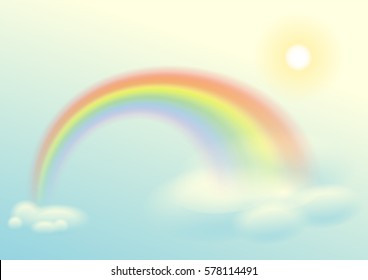 Rainbow, sun and clouds sky. Illustration in vector format