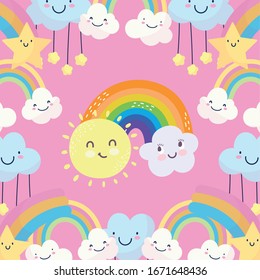 Rainbow with sun, clouds and stars dreamy fantasy background decoration, vector illustration