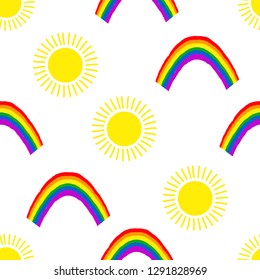 Rainbow and sun- creative seamless pattern. Vector illustration.