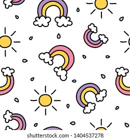 Rainbow and sun doodle cute seamless pattern colorful pastel