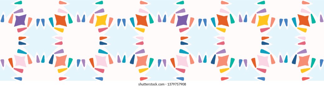 Rainbow sun flower cut out shape. Vector border pattern seamless background. Hand drawn matisse style collage illustration. Trendy retro home decor, modern fashion prints, baby kid fun nursery edging.