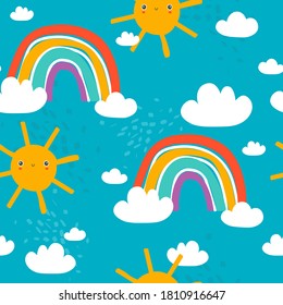 Rainbow, sun, hand drawn backdrop. Colorful seamless pattern with clouds. Decorative cute wallpaper, good for printing. Overlapping colored background vector. Design illustration