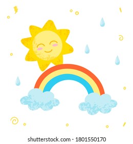 Rainbow and sun hand drawn illustration with a texture isolated on white. Cute colorful rainbow and smile sun with droplets.