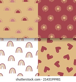 Rainbow-Sonnenherz nahtlose Muster-Set. Vektorhandgezeichneter Cartoon-Hintergrund für Verpackungspapier, Textilien, Tapeten, Drucke, Stoff.