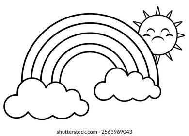 rainbow with sun for kids coloring page vector illustration. 