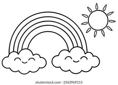 rainbow with sun for kids coloring page vector illustration. 