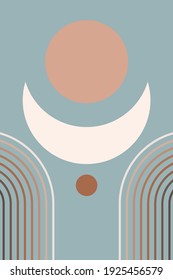 Rainbow Sun Moon Boho Minimalist Printed Wall Art Geometric Abstract Print Bohemian Art work, vector crescent, poster.