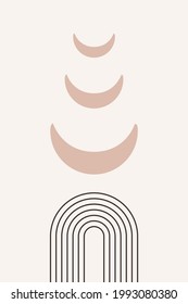 Rainbow Sun Moon Boho Minimalist Printed Wall Art Geometric Abstract Print Bohemian Art work, vector crescent, poster.