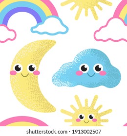 Arcoiris, sol, luna y nube sobre un fondo blanco. Patrón veloz. Papel tapiz para niños.