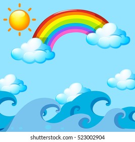 Rainbow and sun over the ocean illustration