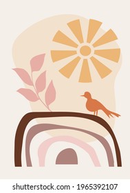 Rainbow and sun, plant branch and bird. Symbols of peace, harmony and freedom. Template with abstract composition. Minimalism, boho style. Vector banner for postcards, wall art, interior card